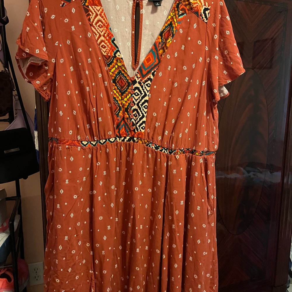 Torrid Brown and Orange Flutter Sleeve Midi Sundress